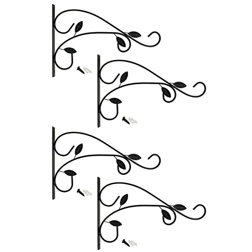 com-four® 4x Wandhalterung aus pulverbeschichteten Stahl, Haken für Blumentopf, Garten, Windspiele, Blumenampelhalter, mit Schrauben und Dübel (4 Stück - Blätter)