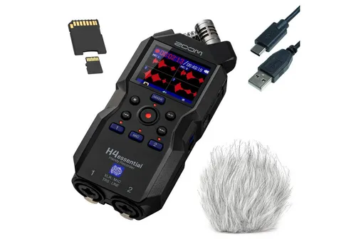 Zoom H4essential - Mobiler Audio-Recorder mit Zubehör-Set - Aufnahmegeräte: Ideal für Musiker, Podcaster und Filmemacher. Mit 32-Bit-Float-Technologie für perfekte Audioqualität und integriertem Mixer für individuelle Anpassungen.
