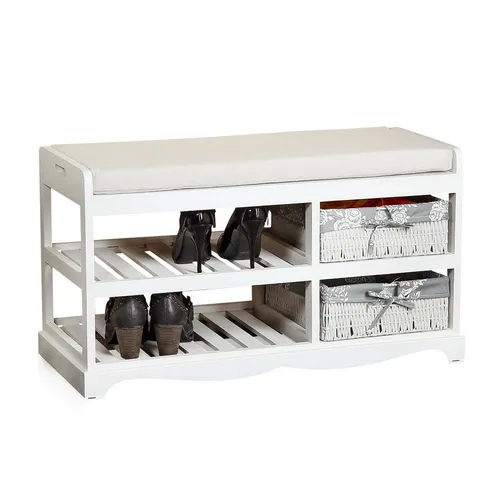 Sitzbank Weiß Grau mit Körben - Holz Truhenbank für jeden Raum - Hocker & Barhocker: Stylische Sitzbank mit Aufbewahrungsfunktion, inklusive 2 Körben und passgenauem Sitzkissen, ideal für Flur, Wohnzimmer oder Schlafzimmer.