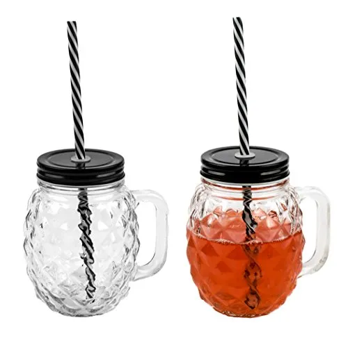 3D Ananas Glas Trinkglas mit Deckel und stabilem Strohhalm 450ml 2er-Set