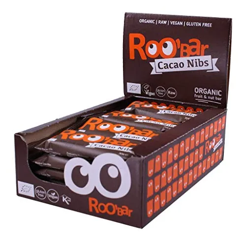 Roobar Cacao nibs - 100% Organic Vegan Raw Bar with Superfoods for Optimum Nutrition. Dairy & Gluten Free, No Added Sugar - 20 x 30g Raw Bars