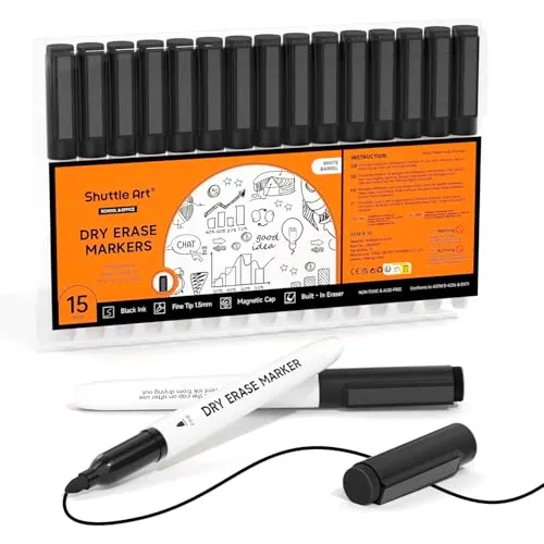 Shuttle Art Whiteboard Marker schwarz, 15 magnetische whiteboard stifte abwischbar schwarz, Folienstift trocken abwischbar fein, für Whiteboards, magnetische Schreibtafeln, Spiegel geeignet