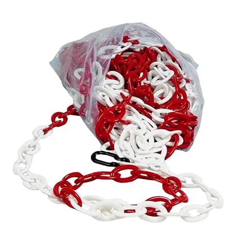 UvV Absperrkette Kunststoff Style Oval 25 Meter mit 8mm Stärke in rot und weiß + 2 schwarzen Kettenhaken zur einfachen Befestigung der Absperrkette