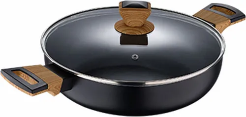 BERGNER Earth Black Niedriger Kochtopf 28 cm - Universal-Kochtöpfe aus leichtem, gepresstem Aluminium mit ergonomischen Holzgriffen und Glasdeckel für eine effiziente Wärmeverteilung und vielseitige Nutzung auf allen Herdarten.