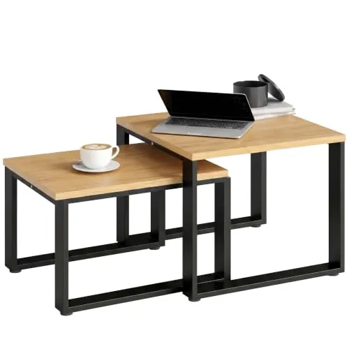 HOMCOM Couchtisch Satztisch mit Metallrahmen für Wohnzimmer Natur