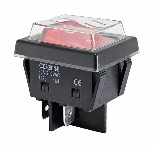 Wippenschalter rot 30A 250V~ mit Wasserdichte Abdeckung, 4pin beleuchtet