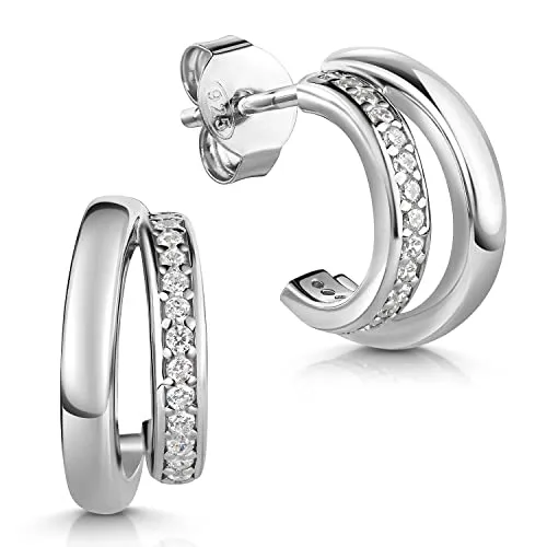 MATERIA Damen Ohrringe Silber 925 Halbcreolen mit Zirkonia - Elegante Halbcreolen aus 925 Sterling Silber, rhodiniert und anlaufgeschützt, mit 17 funkelnden Zirkonia-Steinen pro Ohrring. Perfekt für jeden Anlass!