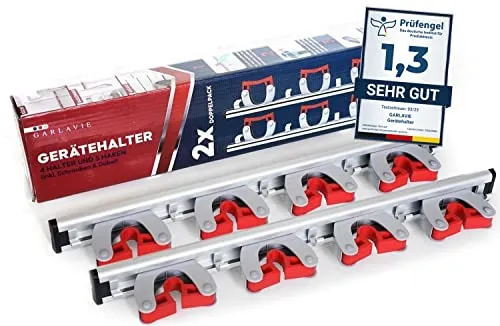 Garlavie Gerätehalter mit 4 Haltern und 5 Haken (45cm) - Halterungen für Gartenwerkzeuge, Besen und mehr – mit extremem Halt dank Anti-Rutsch-Funktion und einfacher Montage. Ordnung im Handumdrehen!