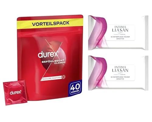 Durex Gefühlsecht Kondome, hauchzartes Kondom für intensives Empfinden, 40 Stück + Sagrotan Intima Liasan Pflegetücher 60 Stück