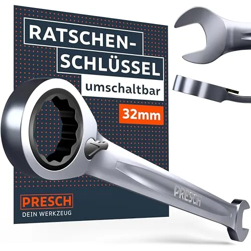 PRESCH Ratschenschlüssel 32mm umschaltbar - Minimaler Rückholwinkel (2,7°, 135 Zähne) - 15° abgewinkelt für beengte Stellen - Robuste, präzisionsgefertigte Ringratschenschlüssel
