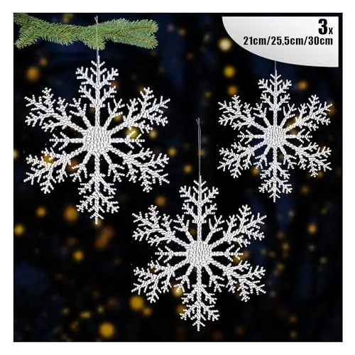 com-four® 3X Große Deko Anhänger Schneeflocken - Transparente Schneeflocken-Anhänger in 30 cm, 25,5 cm und 21 cm mit Aufhängeschnur - Christbaumhänger und Weihnachtsaufhänger