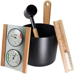 Infraworld Saunaset Nova 4tlg. - Aufgusseimer, Saunakelle, Klimamessstation, Sanduhr - Sauna-Zubehör: Komplettes Set für das perfekte Saunaerlebnis, inklusive Klimamessstation für optimale Bedingungen.