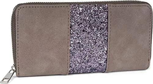 styleBREAKER Geldbörse mit umlaufendem Pailletten Streifen, Reißverschluss, Portemonnaie, Damen 02040056, Farbe:Dunkelgrau-Anthrazit