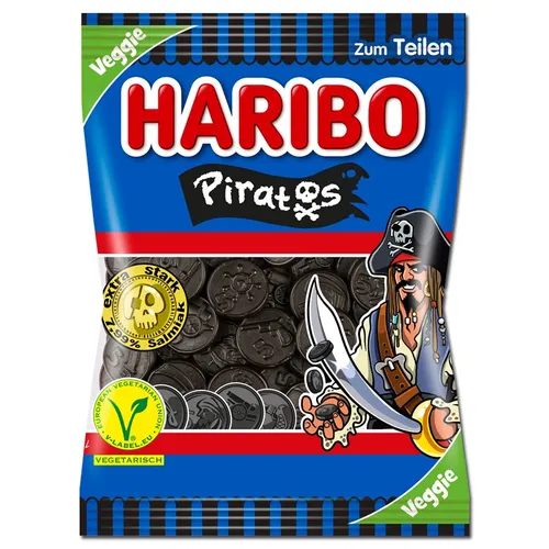 Haribo Lakritz Piratos, 175g - Fruchtgummis/Lakritze mit 7,99% Salmiakanteil für eine intensive Würze. Vegetarisch und ohne künstliche Farbstoffe, ideal für Lakritzliebhaber!