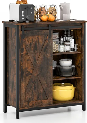 COSTWAY 81 cm hoher Küchenschrank im Farmhaus-Stil, Sideboard mit Schiebetür & verstellbaren Regalen, Servierkonsole rustikales Braun