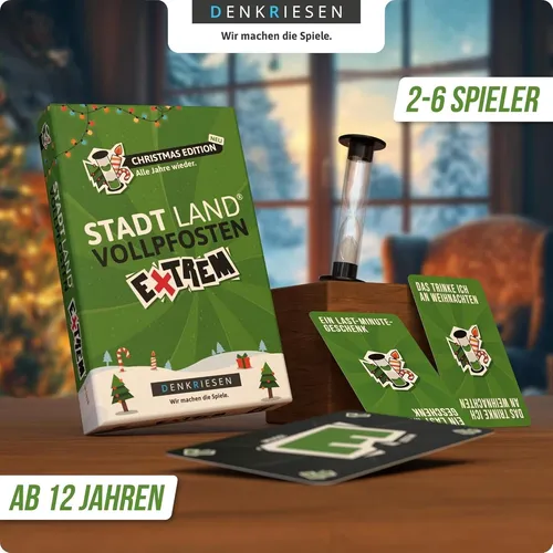 DENKRIESEN - Stadt Land Vollpfosten® - Extrem - CHRISTMAS EDITION - Gesellschaftsspiel mit weihnachtlichem Twist, fördert Kreativität und Wortschatz – perfekt für festliche Spielabende mit Freunden und Familie.