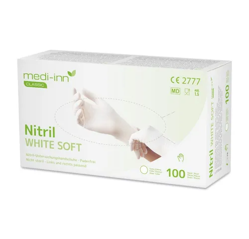 Medi-Inn Nitril-Handschuhe White Soft - Einweghandschuhe aus hautverträglichem Nitril, puderfrei und ideal für medizinische Anwendungen. Die besonders elastische und reißfeste Qualität sorgt für hohen Tragekomfort und Sicherheit.