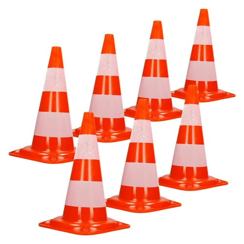 ECD Germany 7-tlg. Warndreieck Verkehrsleitkegel aus PVC, 47cm - Warndreiecke - Flexibel und überfahrbar, ideal für Privatgrundstücke und Sporttraining. Mit 2 reflektierenden Streifen für bessere Sichtbarkeit.