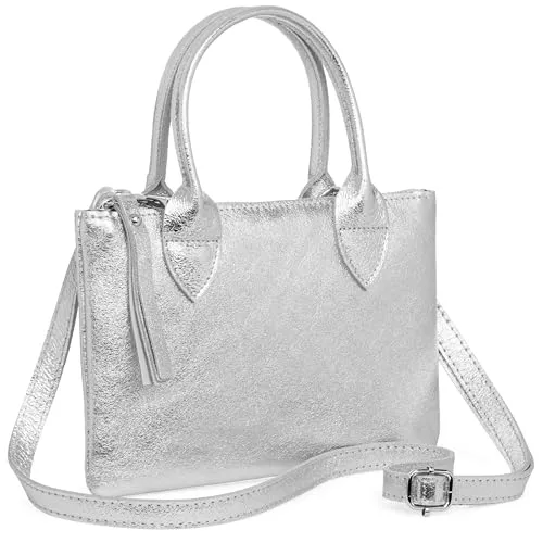 Caspar Kleine Leder Handtasche 2-in1 Damen Umhängetasche mit verstellbarem Schultergurt - CLASSIC LINE - Modell No.837 - Made in Italy, Farbe:silber metallic