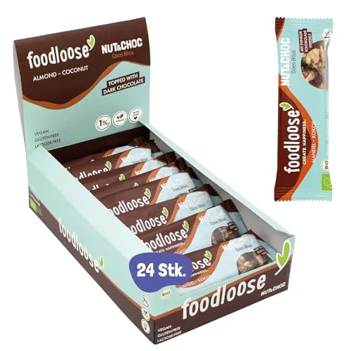 foodloose Bio-Nut&Choc Riegel Coco Bliss | Vegane, laktose- und glutenfreie Bio-Nussriegel ohne raffinierten Zucker | Dunkle Schokolade, Mandel & Kokos | Vorteilspack (24 Riegel x 30g)