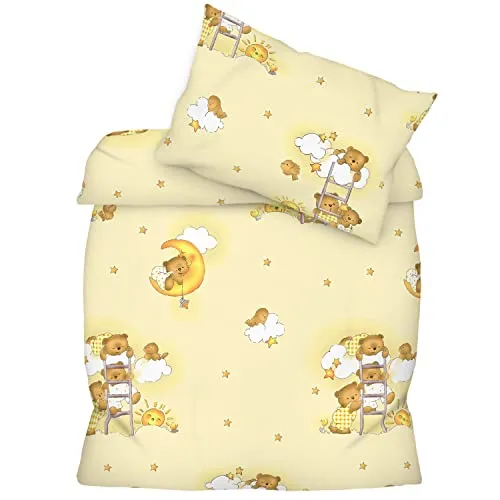 Amilian Bettwäsche Set 1x Bettbezug: 120 x 90 cm und 1x Kopfkissenbezug 40x60 cm mit Hotelverschluss Bettgarnitur 120x90 cm für Sommer und Winter Bär auf der Leiter Ecru