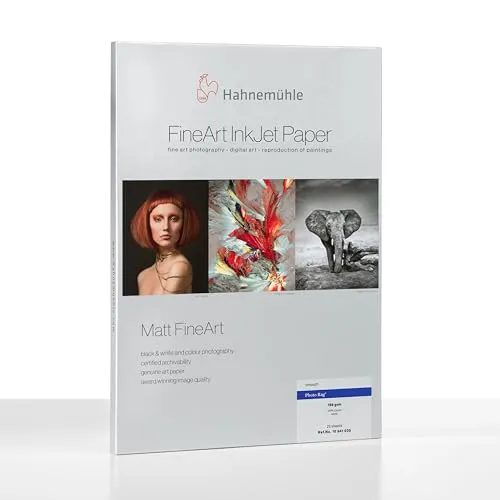 Hahnemühle Fotopapier Photo Rag® FineArt - 188 g/m² - DIN A2 - 25 Blatt - Fotopapier für FineArt Drucke mit sanfter Filzstruktur, die beeindruckende Bildtiefe und brillante Farben ermöglicht – ideal für Fotografie und Kunstreproduktion.