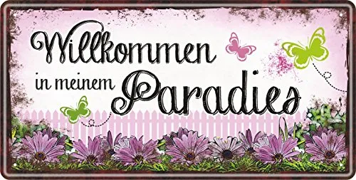 AV Andrea Verlag Großes Metallschild rostfrei Blechschild Schild Garten mit lustigem Spruch im Vintage Retro Look (Willkommen im Paradies)