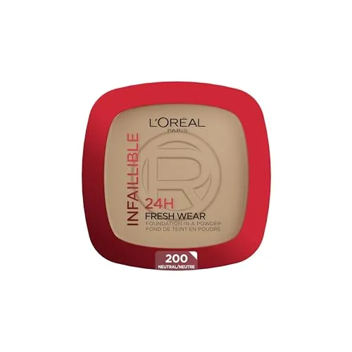 L'Oréal Paris Wasserfestes Puder Make-up mit hoher Deckkraft, Deckendes Kompaktpuder mit mattem Finish und 24h Halt, Infaillible 24H Fresh Wear Foundation Powder, Nr. 200 Golden Sand, 1 x 9 g