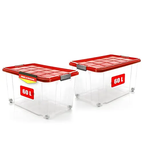 BigDean 60 L Aufbewahrungsbox mit Deckel - 2 Stück, rollbar und stapelbar - Praktische Aufbewahrungsbehälter mit 60 L Volumen, ideal für Haushalt und Garten. Mit stabilen Klickverschlüssen und Rollen für einfachen Transport, Made in Germany.