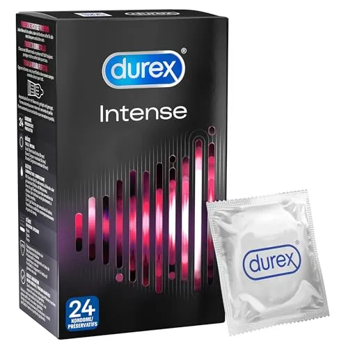 Durex Intense Orgasmic Kondome, Gerippte und genoppte Kondome mit Stimulationsgel (24er Pack)