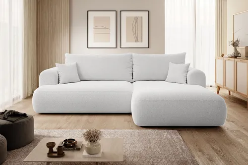 Selsey Ecksofa Ovo, Grau, L-Form, Ottomane rechts, 260x165 cm - Stilvolles Ecksofa mit weichem Bouclé-Bezug und optimalem Sitzkomfort. Verwandelt sich schnell in ein Doppelbett für Übernachtungsgäste – perfekt für Ihr Wohnzimmer!