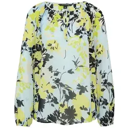 Comma Langarmbluse mit Schleifen-Detail in Blau und Gelb - Stylische semi-transparente Chiffon-Bluse mit einzigartigem Schleifen-Detail, ideal für elegante Anlässe oder den Alltag.