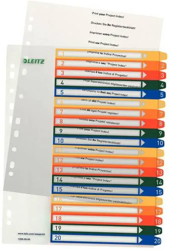 Leitz 1296 Register DIN A4 1-20 Polypropylen Mehrfarbig 20 Registerblätter extrabreit, PC-beschriftbar 12960000