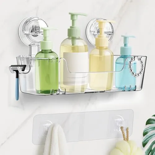 Oamwrae Duschablage ohne Bohren Saugnapf, Duschregal mit Rasiererhalter und Haken, Abnehmbarer Kleberegal Bad mit Großer Kapazität, Shampoo Halterung für Dusche, 2 Optionen zur Installation
