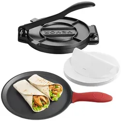 VEVOR Tortillapresse 20cm - Taco Chapati Maker aus Graueisen - Grillzubehör für die einfache und vielseitige Teigherstellung. Ergonomisches Design und manuelle Bedienung in 4 Schritten für perfekte Tortillas und Chapatis.