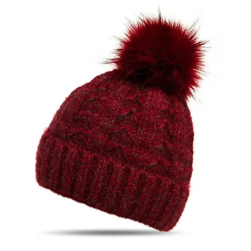 Caspar MU144 Damen warme Winter Strick Mütze mit Fellbommel, Farbe:rot, Größe:One Size