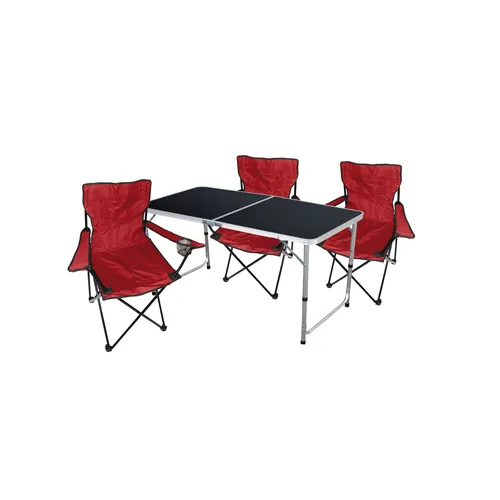4-tlg. Camping Set Campingtisch Schwarz + 3 x Anglersessel Rot - Praktisches 4-teiliges Set mit einem faltbaren Tisch und drei bequemen Sesseln. Ideal für Camping und Outdoor-Aktivitäten, witterungsfest und platzsparend. Perfekt für entspannte Stunden im Freien!