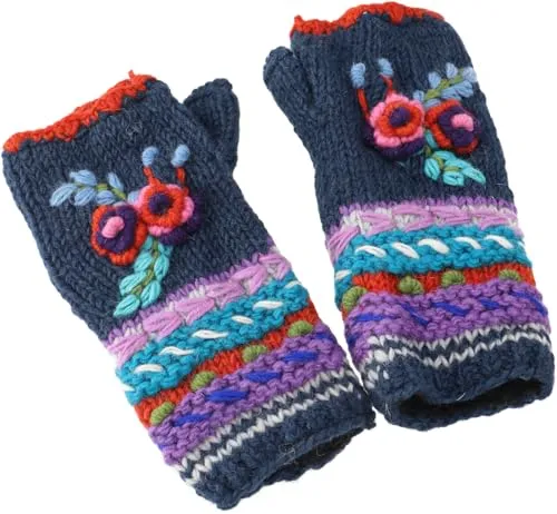 GURU SHOP Handstulpen aus Wolle mit Blume, Handgestrickte Pulswärmer - Petrol, Herren/Damen