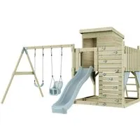 PolarPlay Spielturm Björn aus Holz in Blau mit Babyschaukel - Schaukeln und Spielen in einem: Der robuste Spielturm bietet eine sichere Babyschaukel und fördert die motorischen Fähigkeiten der Kleinen.