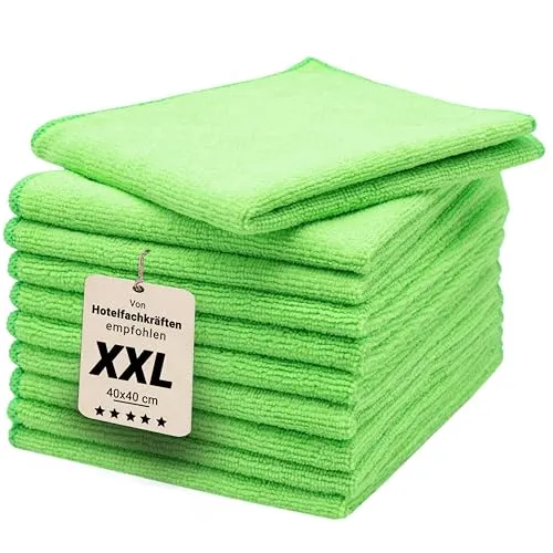 ZOLLNER 10er Set Mikrofasertücher für streifenfreien Glanz - flusenfreie und saugstarke Reinigungstücher - waschbar bis 60°C - 40x40cm in grün - Hotelqualität