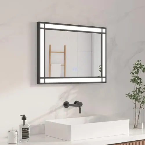 AQUABATOS LED Badspiegel mit Beleuchtung 50x70 cm Fensteroptik Fensterspiegel Lichtspiegel Badezimmer Aluminium Schwarzer Rahmen Dekospiegel Industrial Style Touch Dimmbare Kaltweiß Beschlagfrei