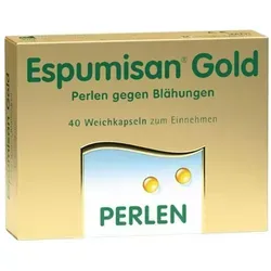 Espumisan Gold Perlen gegen Blähungen - Arzneimittel zur symptomatischen Behandlung von gasbedingten Magen-Darm-Beschwerden, wie Blähungen und Völlegefühl – schnell wirksam durch die physikalische Wirkweise von Simeticon.