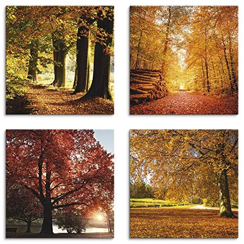 ARTLAND Wanddeko Leinwand Bilder Natur Set 4 tlg. je 30x30 cm Quadratisch Wandbilder Bäume Herbst Landschaft Park K2UQ