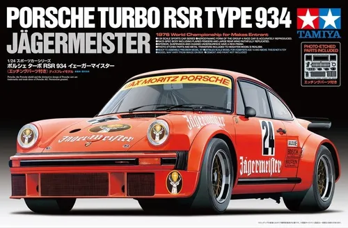Tamiya 1:24 Porsche 934 Jägermeister, Orange - Detailgetreues Modellauto aus hochwertigem Kunststoff im Maßstab 1:24, ideal für Sammler und Modellbau-Enthusiasten.
