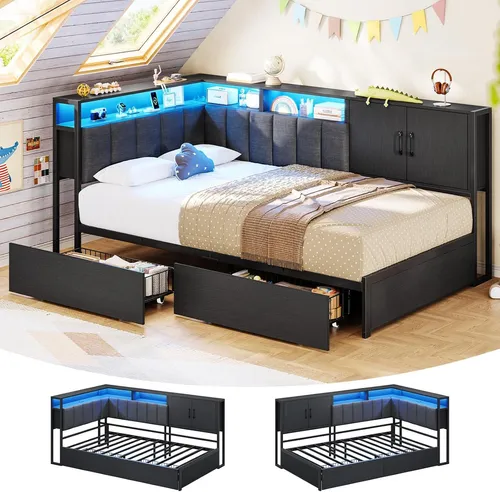 KIMENICH Polsterbett mit LED-Beleuchtung und USB-Ladestation, 90×190cm, Schwarz