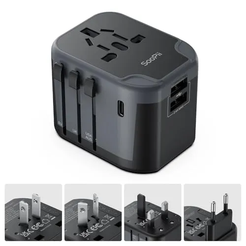 Soopii Universal Travel Adapter,Power Converters mit 1 USB C und 2 USB -A -Häfen,7 in 1 weltweit Reisebestellenadapter-Wandladegerät,International Power Adapter für EU,USA,Großbritannien,AUS,Asien usw