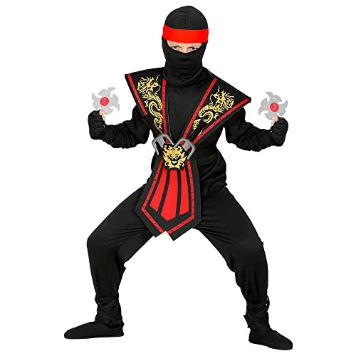 ROTER KOMBAT NINJA MIT WAFFENSET - Jungenkostüm mit 4-teiligem Waffen-Set, ideal für Fasching. Enthält Overall, Brustrüstung mit goldenem Print, Gürtel, Handschuhe, Maske und Stirnband.