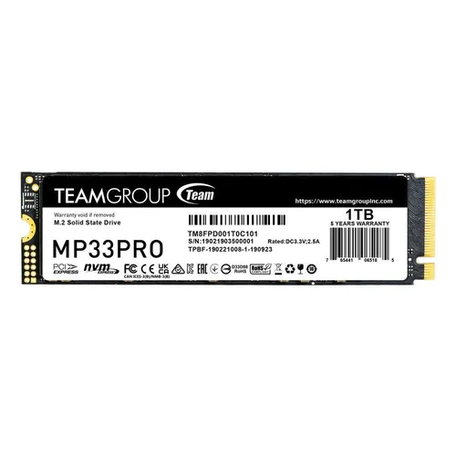 Team Group MP33 Pro NVMe SSD 1 TB - Festplatte mit 1 TB M.2 2280, PCIe 3.0 und NVMe 1.3, beeindruckende Schreib- und Lesegeschwindigkeiten bis zu 3.000 / 3.500 MB/s für schnelle Datenverarbeitung.