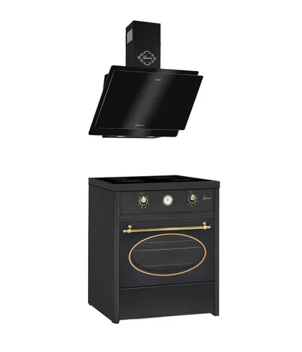 GURARI Induktions-Standherd GCH E 612 BL mit Dunstabzugshaube - Herdset 60 cm mit 4 Induktionskochzonen und 1-fach-Teleskopauszug für komfortables Kochen, inklusive eleganter Dunstabzugshaube in Schwarz.