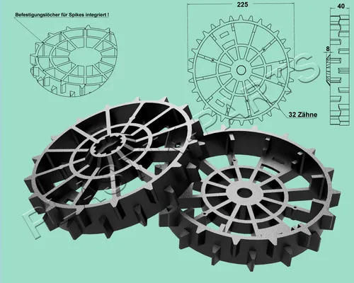 Antriebsräder 2er Set Offroad Profil für WORX Landroid L WR153E WR155E L1500 - Hochwertige Ersatzräder für WORX Mähroboter, ideal für unebene Terrains. Robuste Kunststoffkonstruktion sorgt für Langlebigkeit und optimale Leistung.